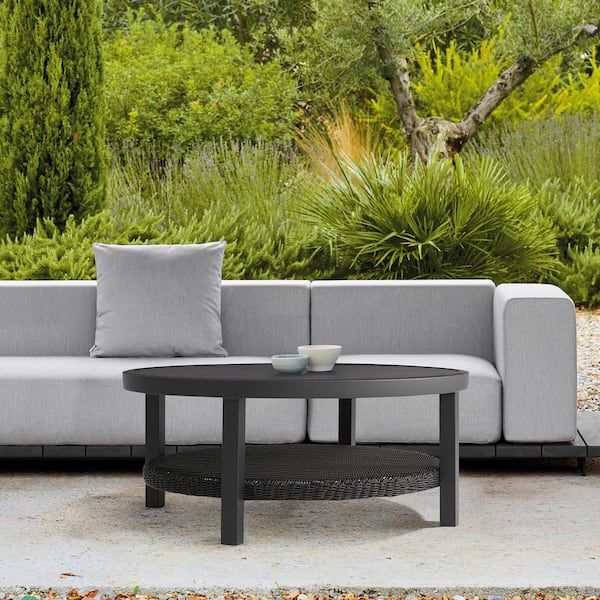 Aluminum Outdoor Round Cocktail Table in 43&quot; Modern Gray Wicker Black Aluminum Outdoor Round Coffee Table