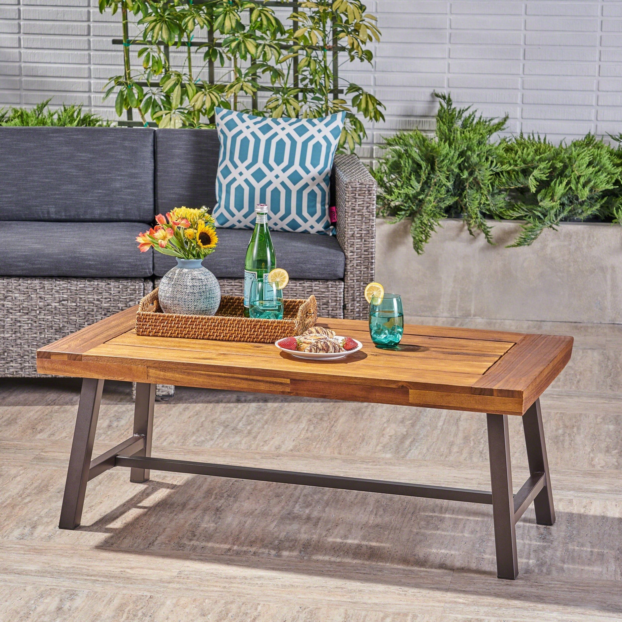 Jenny Outdoor Acacia Wood Coffee Table, Sandblast Finish in Carmel Natural Acacia Wood Rectangle Outdoor Coffee Table