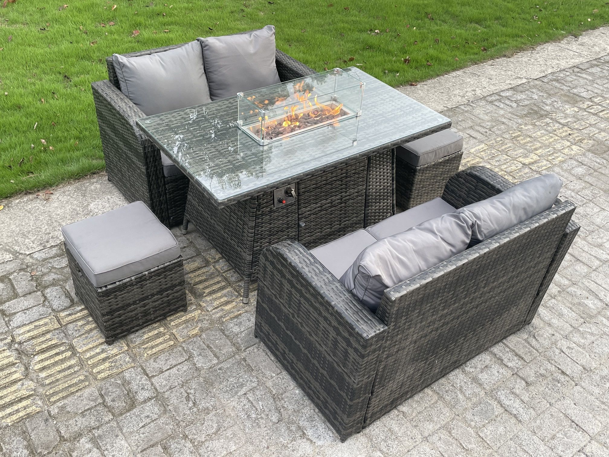 Rattan Outdoor Furniture Gas Fire Pit Rectangle Dining Table Gas Heater Love Sofa Small ... with regard to Agean Steel Gas Fire Pit Table